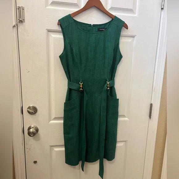 Ellen Tracy Elegant Green Sleeveless Belted Dress Size 10 - Picture 1 of 16